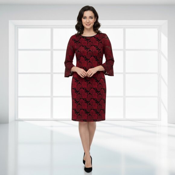 NWT Red Floral Lace Bell Sleeve Dress | Lined | Romantic Stretchy Fit | Size L - Picture 1 of 11